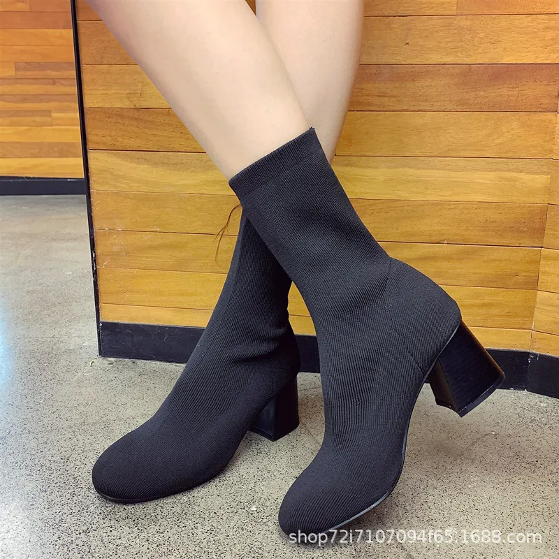 

2018 Autumn And Winter New Style Thin Boots Stretch Boots Women's Tube Socks Boots Yarn Knitted Socks Boots Chunky Heel High Hee