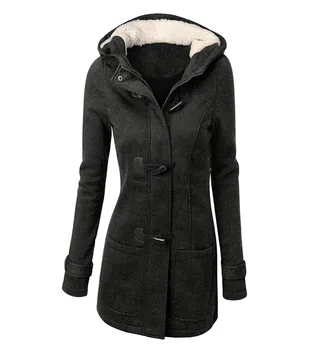 

Women Cotton Overcoat 2019 Winter Casual Horn Button Hooded Blend Outwear Fashion Pocket Solid Buckles Female Coat Plus Size 4.0