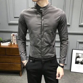 

Social Night Club Clothes Blouse Homme 2020 Spring Men's Stand Long Sleeve Shirt Korean Casual Slim Fit Dress Shirts Streetwear