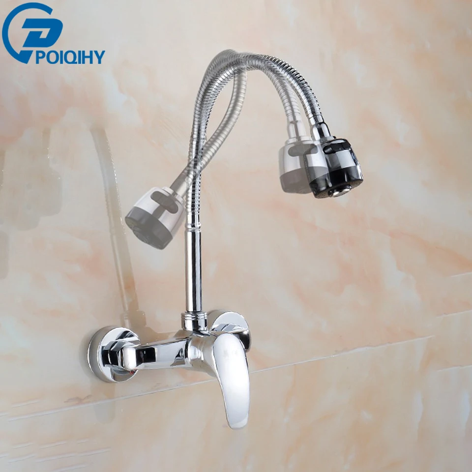 POIQIHY-grifo cromado montado en la pared para cocina, Palanca única de doble cabeza funcional, grifo para fregadero de cocina, mezcladores de agua fría y caliente