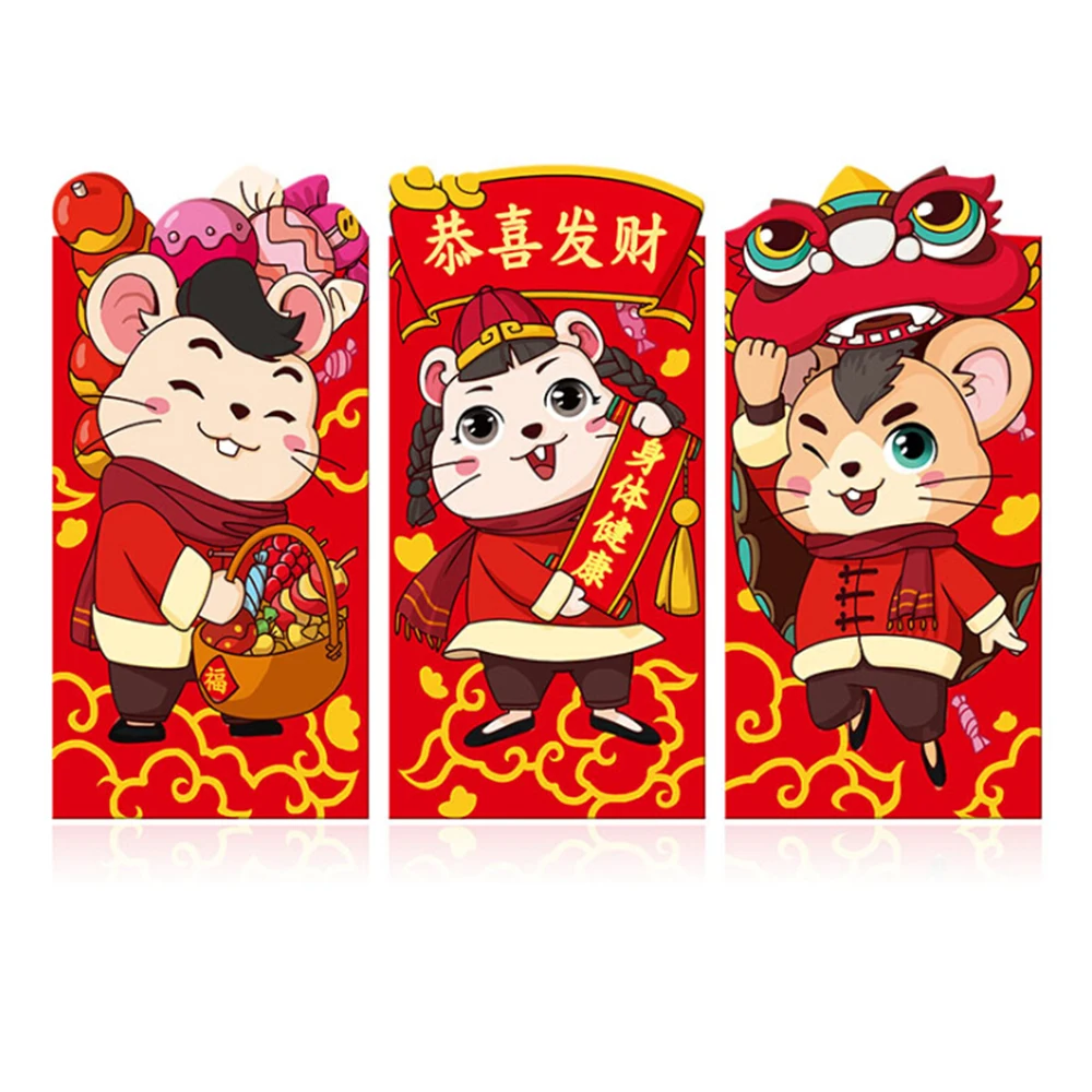 6 шт.,, красный конверт с изображением крысиного года для заполнения денег, Китайская традиционная хунбао, новогодний красный конверт, подарочные пакеты на удачу