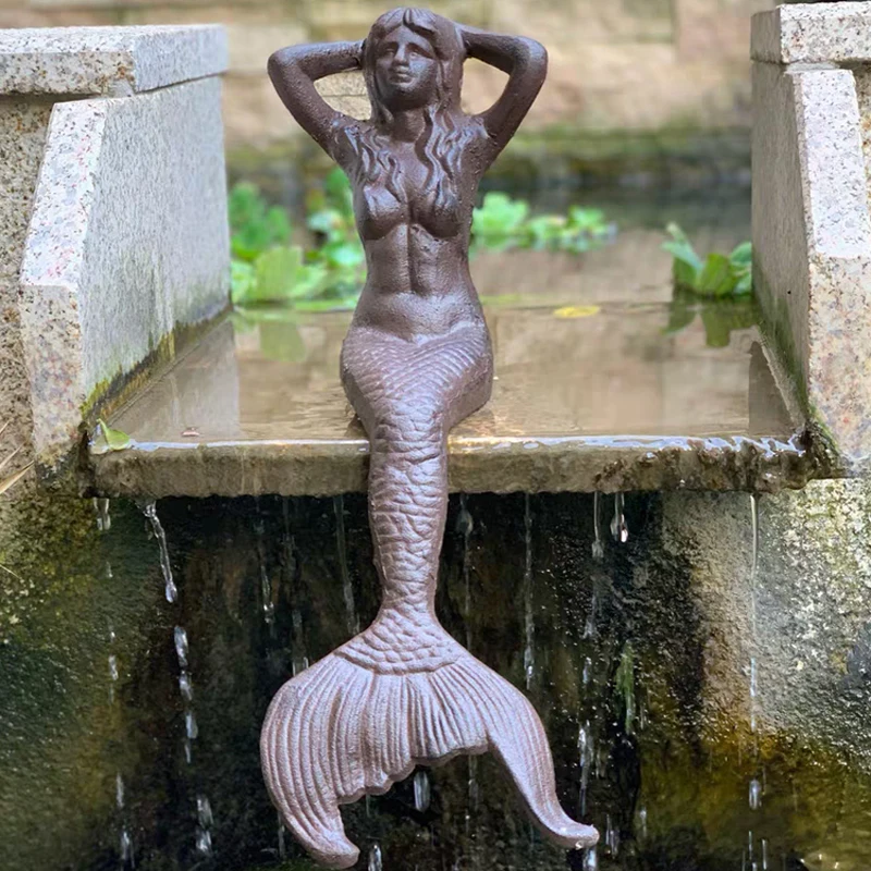 antico-rustico-ghisa-sirena-figurine-garden-home-decor-a-mano-pesante-mermaid-statue-big-size-vintage-sculture-in-metallo