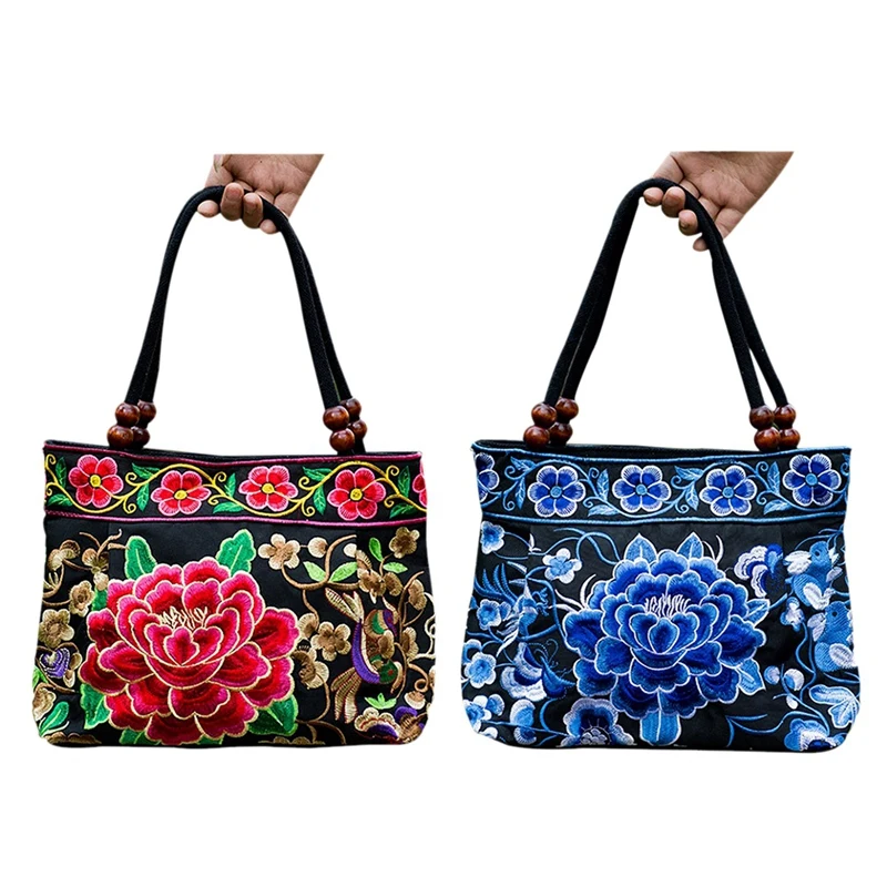 

ABZC-2PCS Chinese Style Women Handbag Embroidery Ethnic Summer Fashion Handmade Flowers Ladies Tote Shoulder Bags Cross-Body (Re