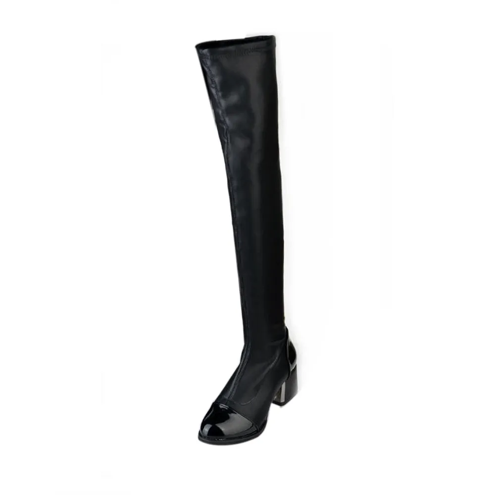Зимние Сапоги выше колена черные женские пикантные эластичные сапоги выше колена сапоги на высоком каблуке с острым носком ботфорты
