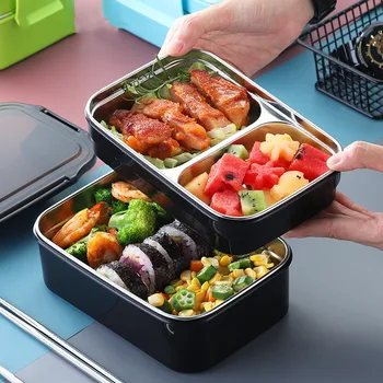

Student Lunch Box Stainless Steel 304 Insulated Double Layer Lunch Box Sealed and Portable Compartment Rectangular Lunch Box