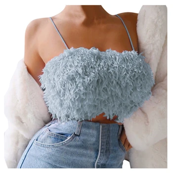 

Fluffy Fur Solid Crop Tanks Women Pink Spaghetti Strap Fuzzy Camis Tank Top 2020 Streetwear Sexy Club Camisoles Short Vest A40