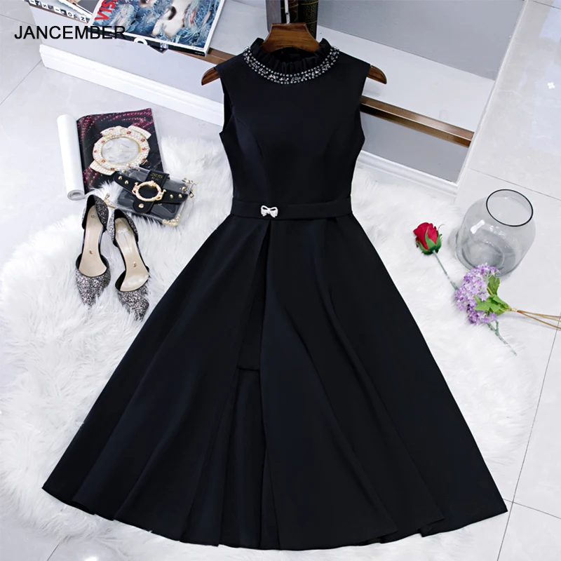 

JANCEMBER Black Cocktail Dresses Waist And With Rhinestone Bow Dresses Woman Party Night High Neck Robes Femme Été 2020