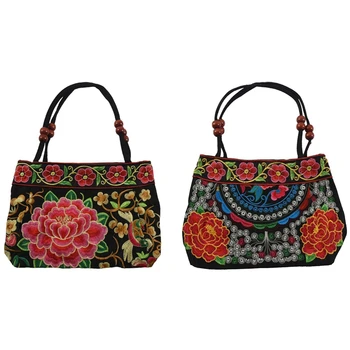 

BEAU-2pcs Chinese Style Women Handbag Embroidery Ethnic Summer Fashion Handmade Flowers Ladies Tote Shoulder Bags Cross Body ,Re