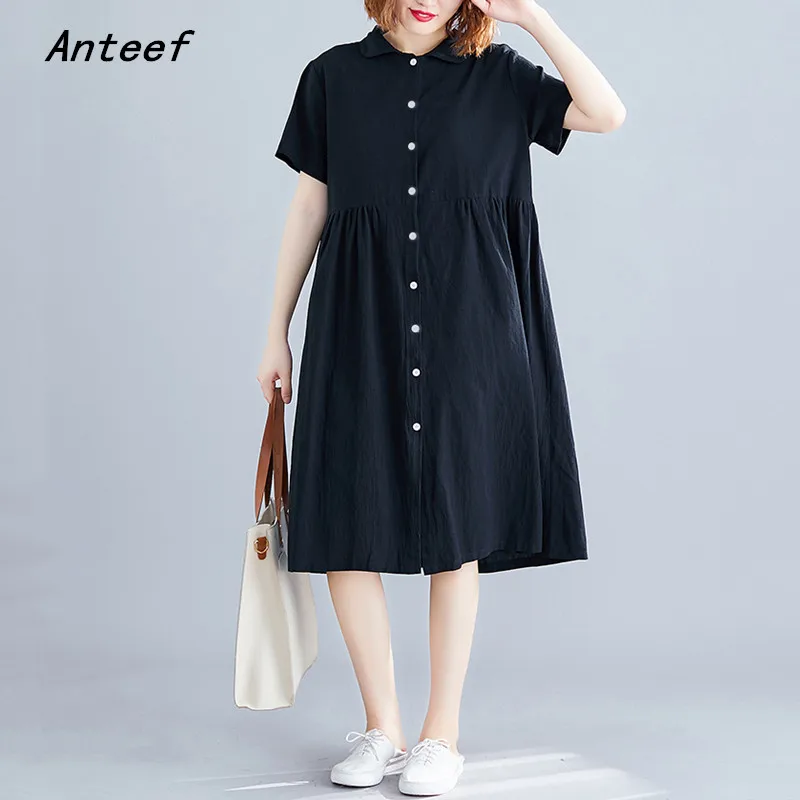 

short sleeve black cotton linen vintage dresses for woman casual loose midi summer shirt dress elegant clothes 2022