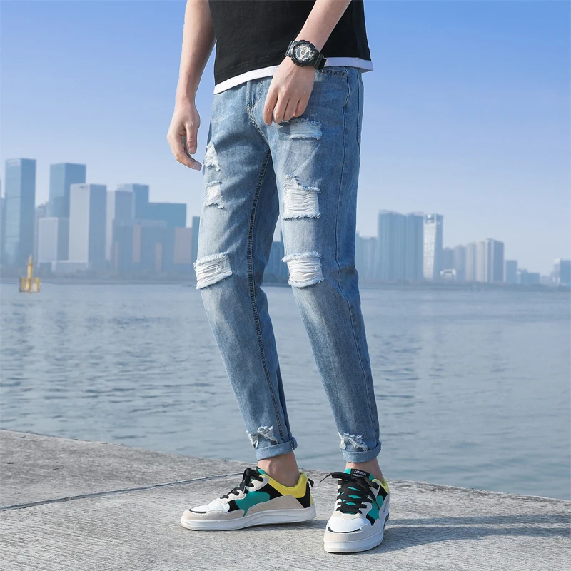 baby blue Новые осенние мужские узкие джинсы, модные однотонные повседневные джинсовые штаны, мужские уличные штаны в стиле хип-хоп, мужские рваные джинсы - Цвет: baby blue