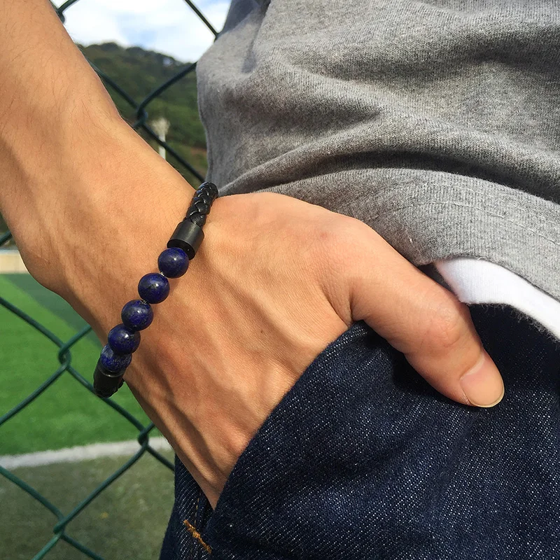 Titanium Steel Stainless Steel Man Chakra Bracelet Jewelry Black Leather Volcanic Beaded Stone Bracelets