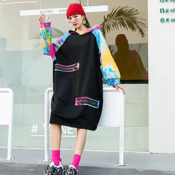 

Large size fat mm spring and autumn new long-sleeved dress women loose and thin hooded stitching over the knee sweater skirt