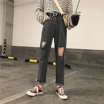 

Korea Women High Waist Hole Jeans Fashion Punk Cool Street Denim Pants Clothing Casual Trousers