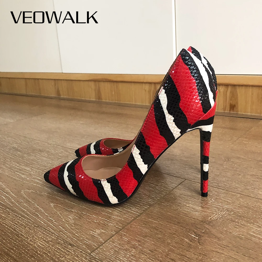 Veowalk Gestreepte Krokodil Effect Vrouwen Sexy Puntige Teen Stiletto Pumps  Dames Slip Op Low Cut Hoge Hakken Voor Party rood|Damespumps| - AliExpress