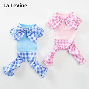 

LA LEVINE Dog Clothes Jumpsuit Stitching Lattice 2020 Soft Comfortable Four Feet Clothes Bow Teddy Thin Casual Cute Pet Costume