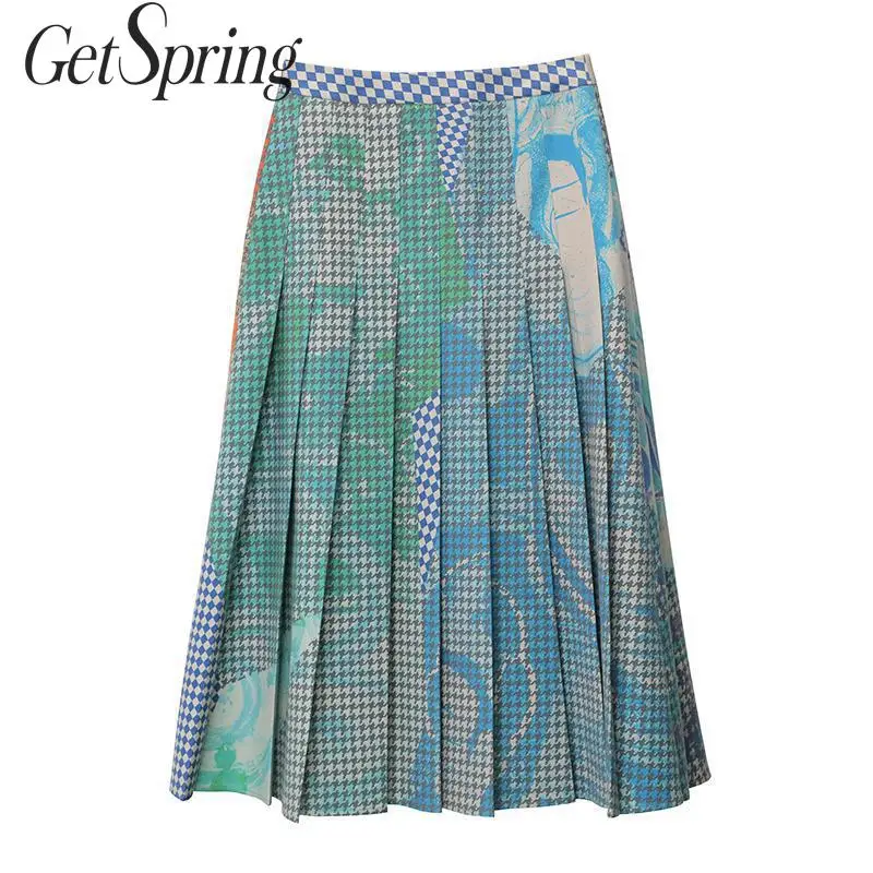 

GetSpring Women Skirt Printed Pleated Long Skirts High Waist Long Pleated Skirt All Match Ladies Skirts Autumn Winter 2019 New