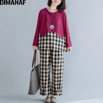 

DIMANAF Plus Size Women Sets Suits Cotton Tops Spliced Plaid Loose Casual Long Pants Oversize Basic Female Clothing 2 Pieces Set
