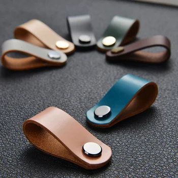

1pc Vegetable tanned Leather Pull Handle Stylish Simple cabinet door knob single hole wardrobe inside drawer Furniture Hardware