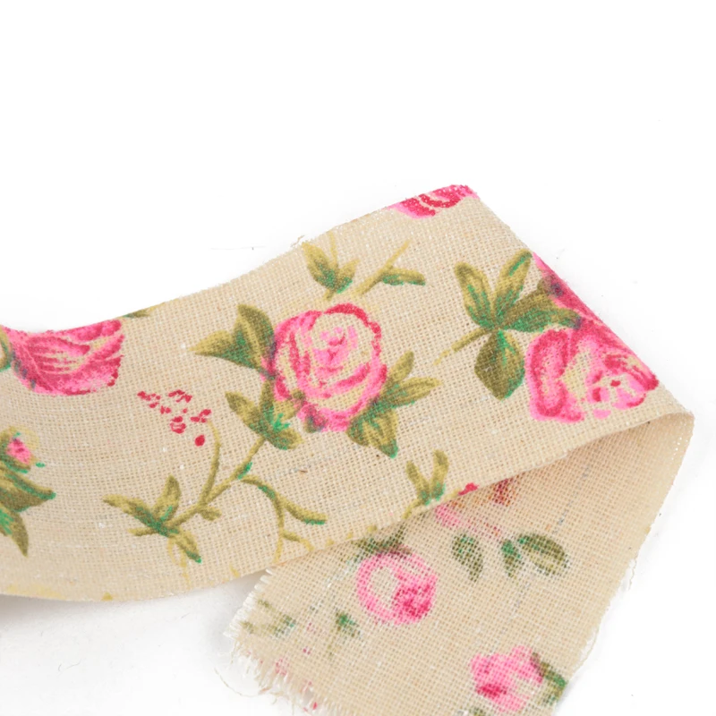 3M Vintage Rose Floral Print Burlap Hessian Ribbon Fabric Wedding Craft Decors