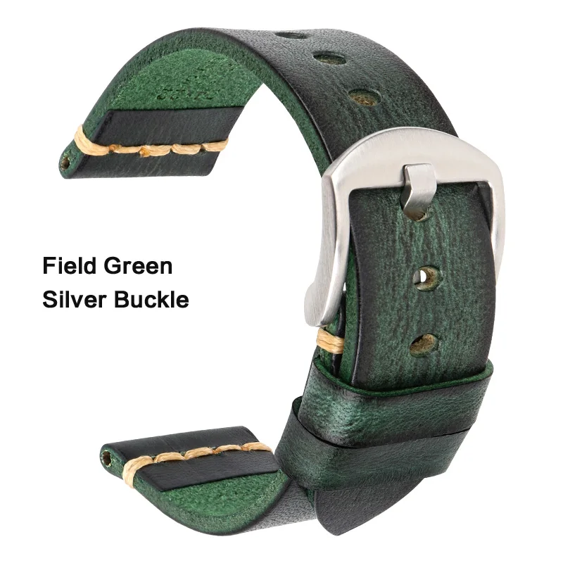 MAIKES ремешок для часов ручной работы из коровьей кожи винтажный ремешок для часов с пряжкой из нержавеющей стали для Panerai Omega SEIKO CITIZEN - Цвет ремешка: Green Silver