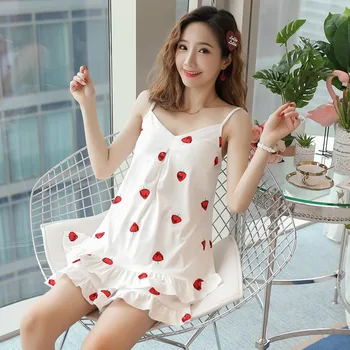 

Sexy Lingerie Spaghetti Strap Pajama Sets for Women Summer 100% Cotton Print Shorts Sleepwear Pyjama Girls Homewear Pijama Mujer