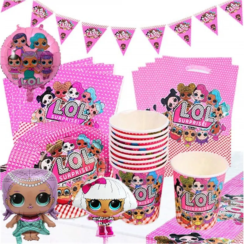 

LOL surprise dolls Birthday Party Cartoon Birthday theme Decoration Supplies Cup Plate balloon Gift Boxes set Kids toy gift
