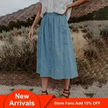 

Long Skirts Womens Button Up A-line Skirts With Pockets Blue Midi Clothing Spring Summer 2020 Fashion Ladies Light Blue Clothes
