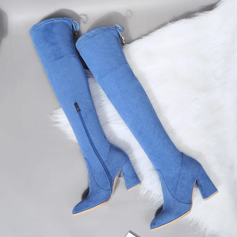 Большие размеры 33-43, женские ботфорты выше колена зимние сапоги до бедра на высоком каблуке 8,5 см женские ботфорты на квадратном каблуке синего цвета