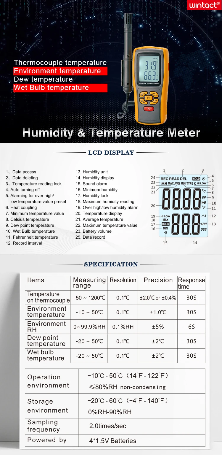 Цифровой с термопарой Psychrometer/Bluetooth термо-гигрометр Termometer регистратор данных с влажной лампой и точки росы