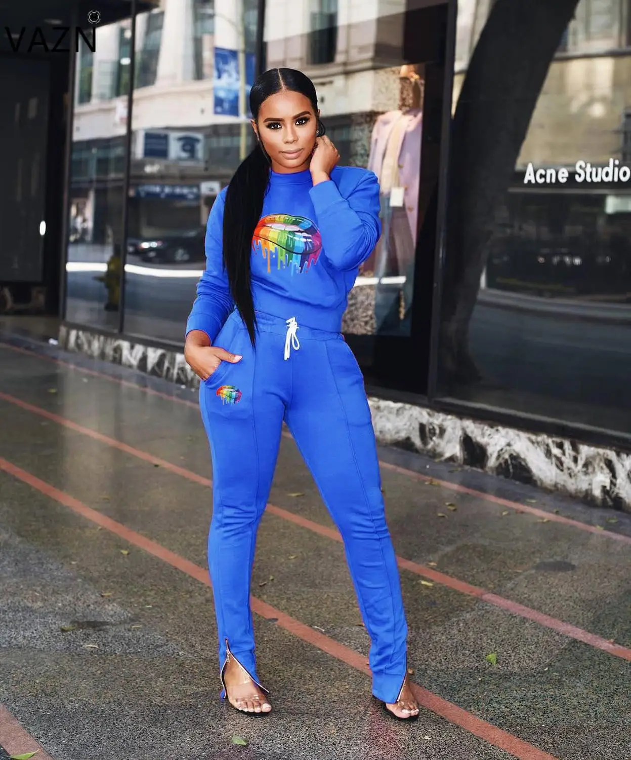 

VAZN ARM812 new product 2019 autmn sexy lady 3colo 2-piece set full sleeve hooded long pants ser sexy lady casual streetwear set