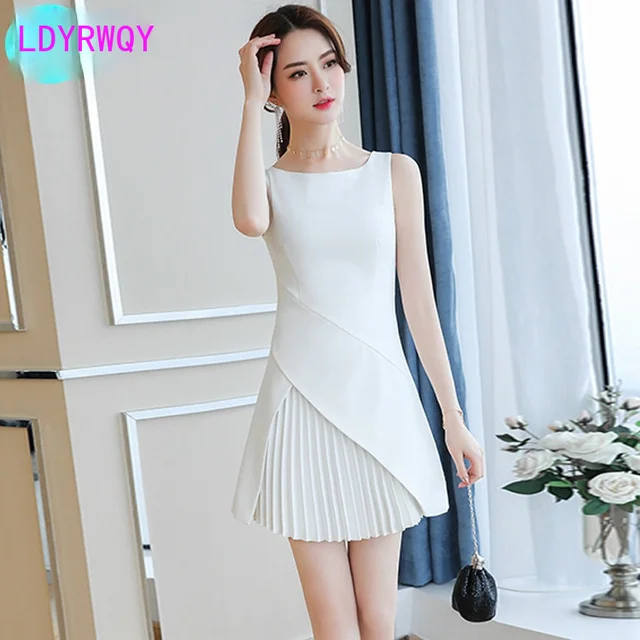 LDYRWQY 2021 summer new classic French slim pleated white dress V-Neck  Natural  Tank  Knee-Length  Sleeveless  Zippers 1