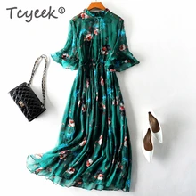 Tcyeek винтажное летнее платье женская одежда Boho Настоящее шелковое длинное платье Vestidos женское цветочное зеленое Макси платье+ Топ Mujer 98006