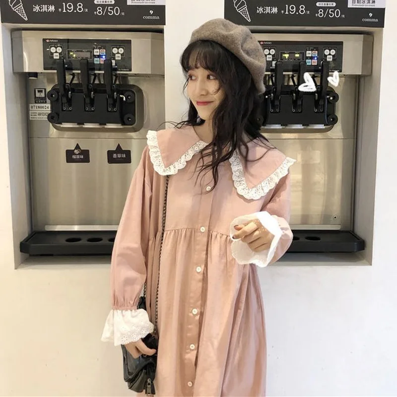 Women Dresses Kawaii Vintage Sweet Korean Long Sleeve Chic Casual Simple Daily Button Womens Lace Peter-pan Collar Lovely Loose wedding guest dresses Dresses