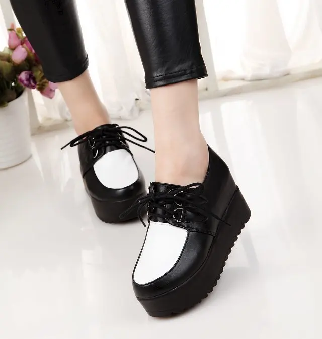 

Spring And Autumn New Style Mixed Colors WOMEN'S Shoes England Platform Lace up Front Shoes Semi-high Heeled Low Top round-Toe E