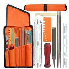 Kit professionnel d'aiguisage de chaîne de tronçonneuse, ensemble d'outils, poignée en bois dur rond/plat, Guide de fichiers, barre d'aiguisage de fichiers, 10 pièces
