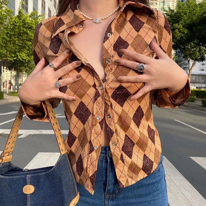 

Retro POLO collar plaid color matching button loose casual bottoming shirt