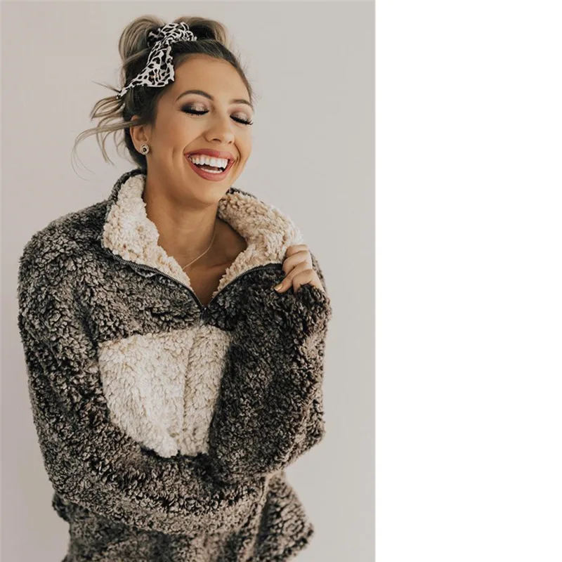 

Women Winter Thick Wool Harajuku Patchwork Hoodies Turndown Collar Zipper Christmas Sweatshirt Sueter Feminino Ey*