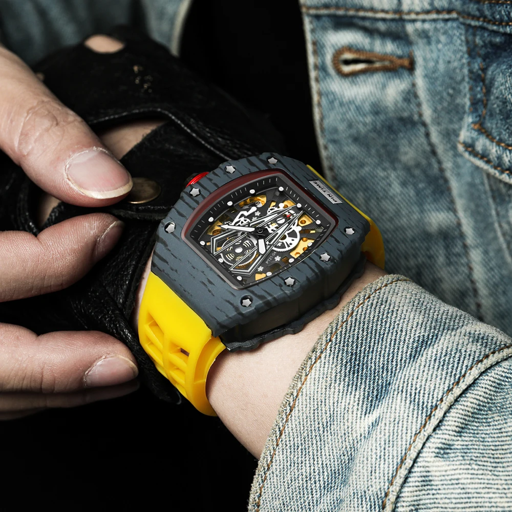 PINTIME Automatic Mechanical Watch Men Steampunk Skeleton Hollow Self-Winding Wristwatch Military Sports Silicone Strap Clock