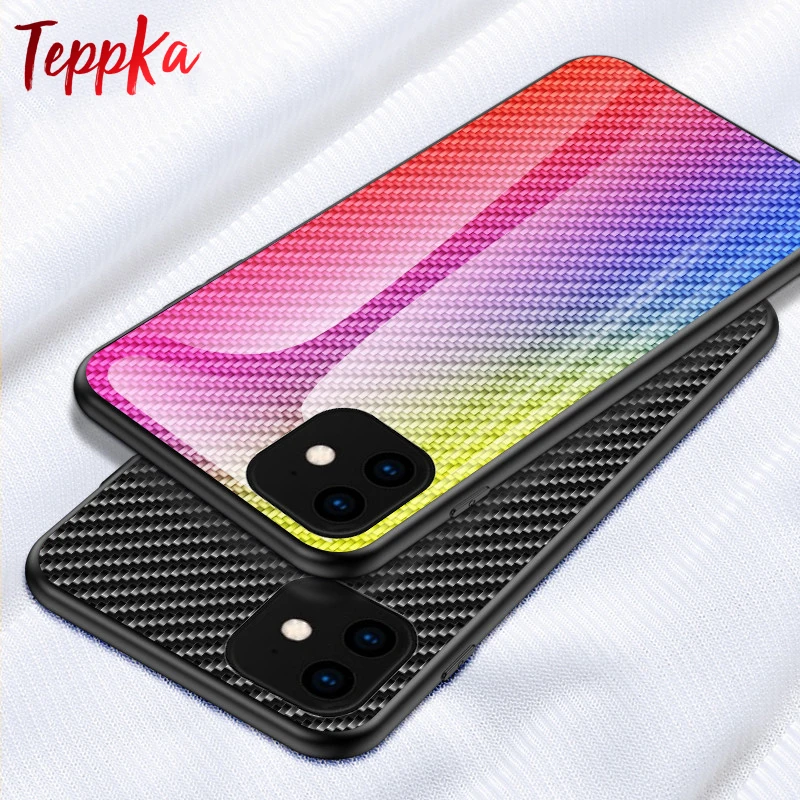

TeppKa Case For iPhone 11 Pro Case Carbon fiber texture Glass Hybrid Soft Silicone Cover For iPhone 11 Pro max Case