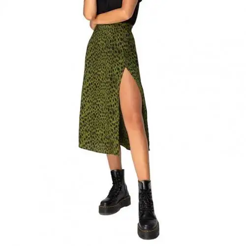 Women Skirt Wraps Fashion Casual Split Beach Long Ladies Leopard Flower Skirts Printed  High Waist Female Side Open Summer Skirt Green Leopard
