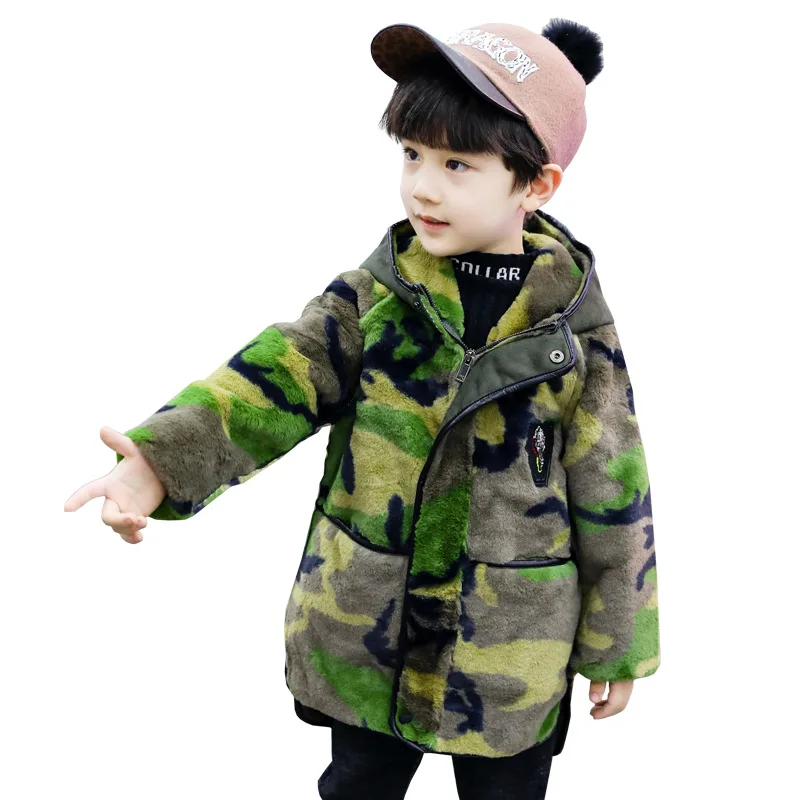 Зимняя детская одежда теплая одежда для маленьких девочек и мальчиков камуфляжная куртка с капюшоном из искусственного меха плотная фланелевая одежда - Цвет: As photo
