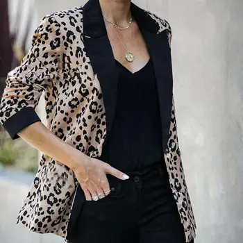 

Women's Lapel OL Suit Career Leopard Blazer Single Breasted Outwear Long Sleeve Overcoat Jacket