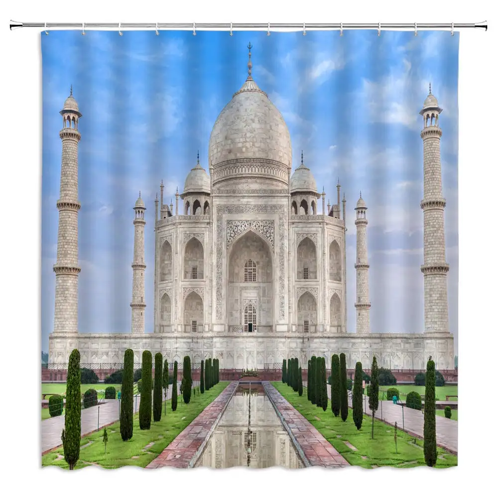 

Taj Mahal Shower Curtain Decor India Famous Landmark Building Bathroom Curtain Polyester Fabric Machine Washable with Hooks