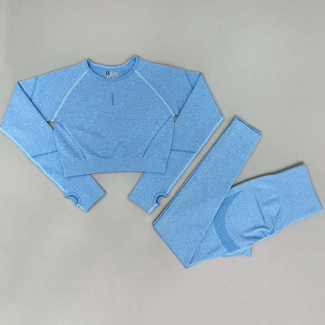 2PCS Seamless Yoga Set Women Tracksuit High Waist Leggings Workout Sportswear Gym Clothing Fitness Crop Top Sports Suits Gym Set ShirtPantsHempBlue