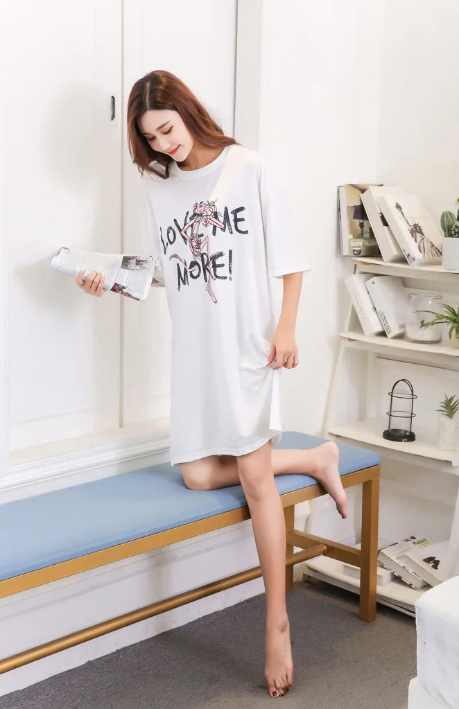 Ночная рубашка с коротким рукавом, женская летняя ночная рубашка, белая, двухсторонняя, леопардовая,, стиль, корейский стиль, свежая, Студенческая, свободная