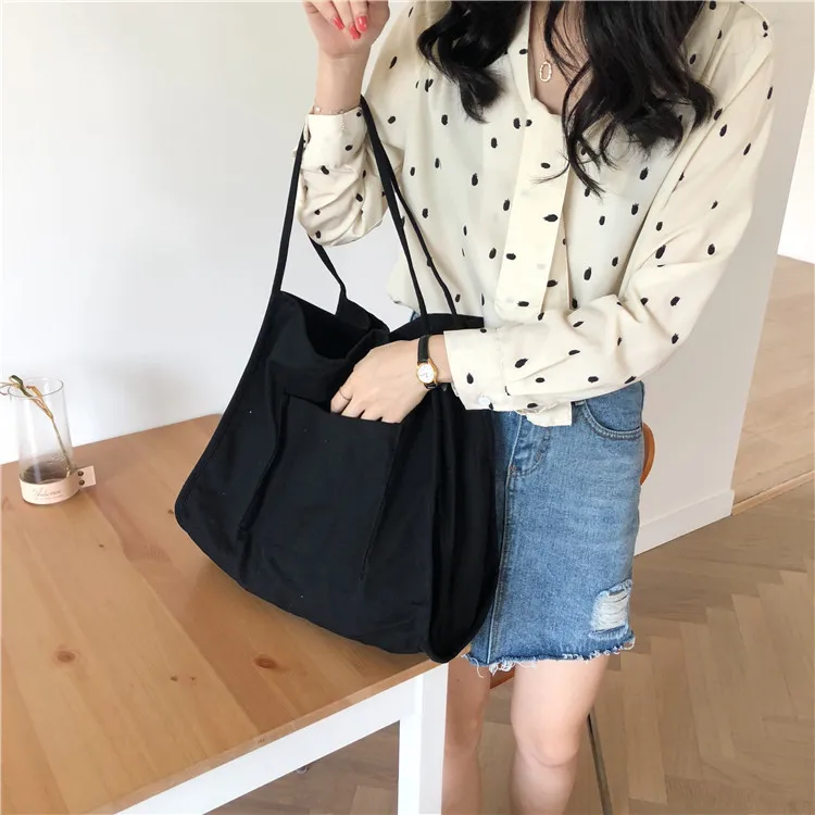 

Women Canvas Shoulder Bag Korea Style Chic Large Capacity Shopping Bag Girls Eco Reusable Thick Cloth Handbags Tote