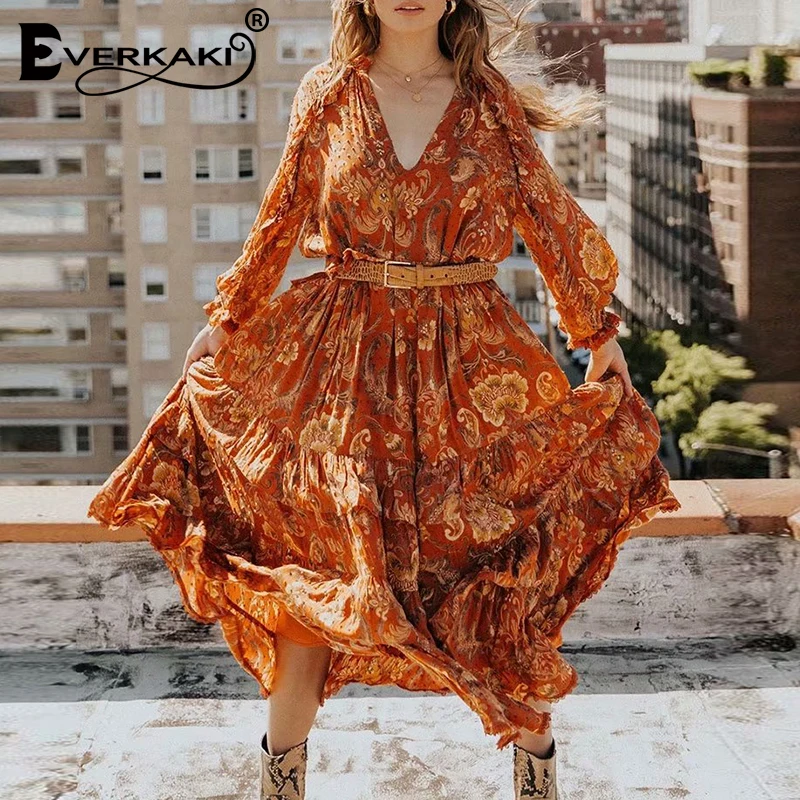 Everkaki Boho длинное платье с принтом женские осенние зимние кружевные лоскутные