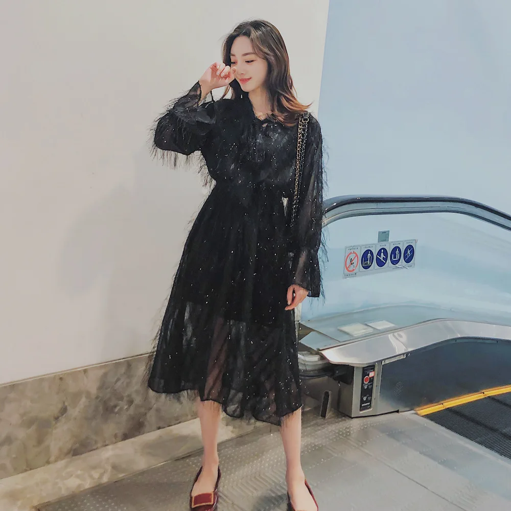 

INS Sexy Skirt 2019 Spring New Style Korean-style WOMEN'S Wear-Style Retro CHIC Wind Mid-length Tassels Dress