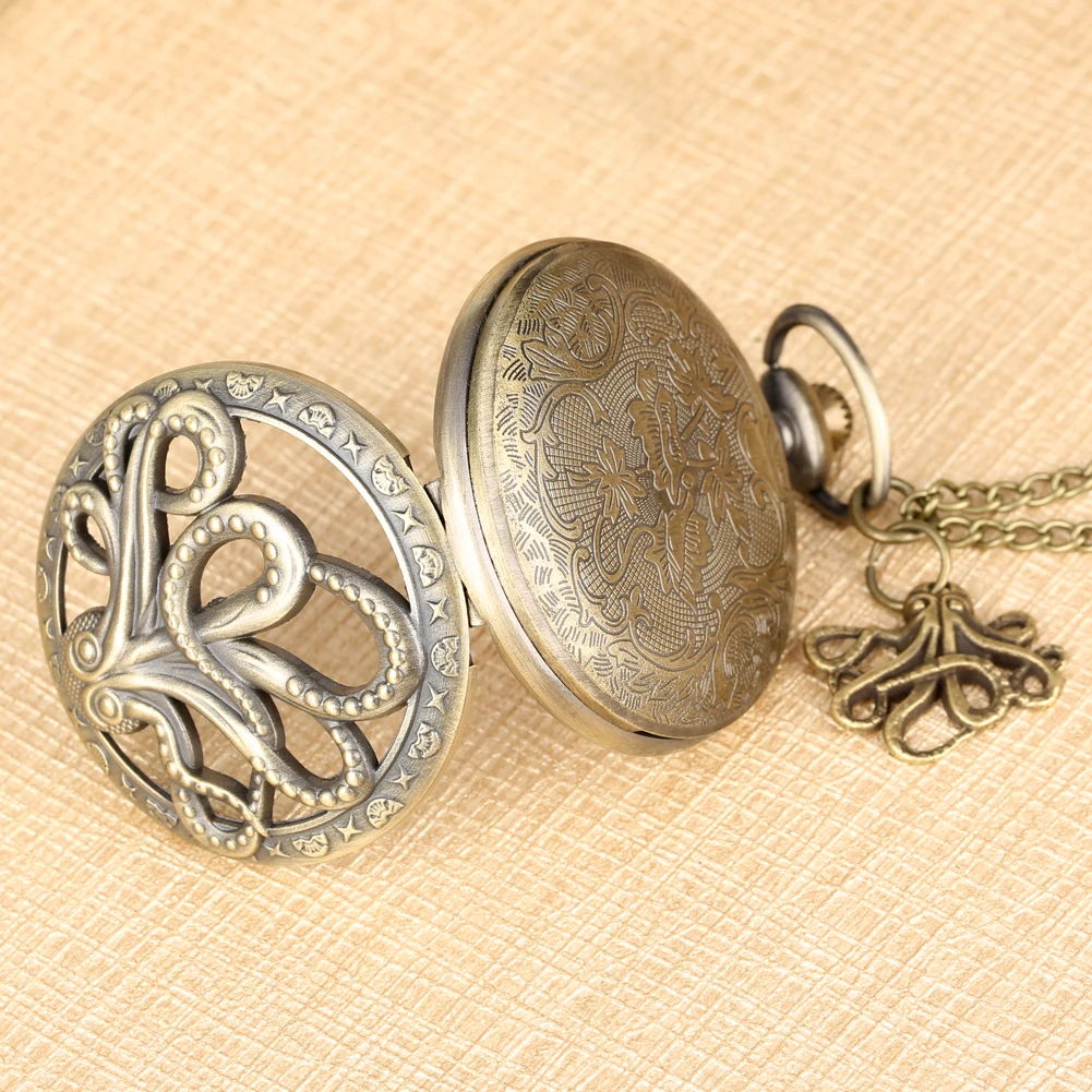 Bronze Octopus Hollow Quartz Pocket Watch Vintage Necklace Pendant FOB Clock for Kids Men Women Chain Retro reloj with Accessory