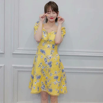 

Mini Dress Designer High Quality 2020 Summer New Women'S Fashion Vintage Elegant Chic Printed Yellow Party Sexy Casual Dresses